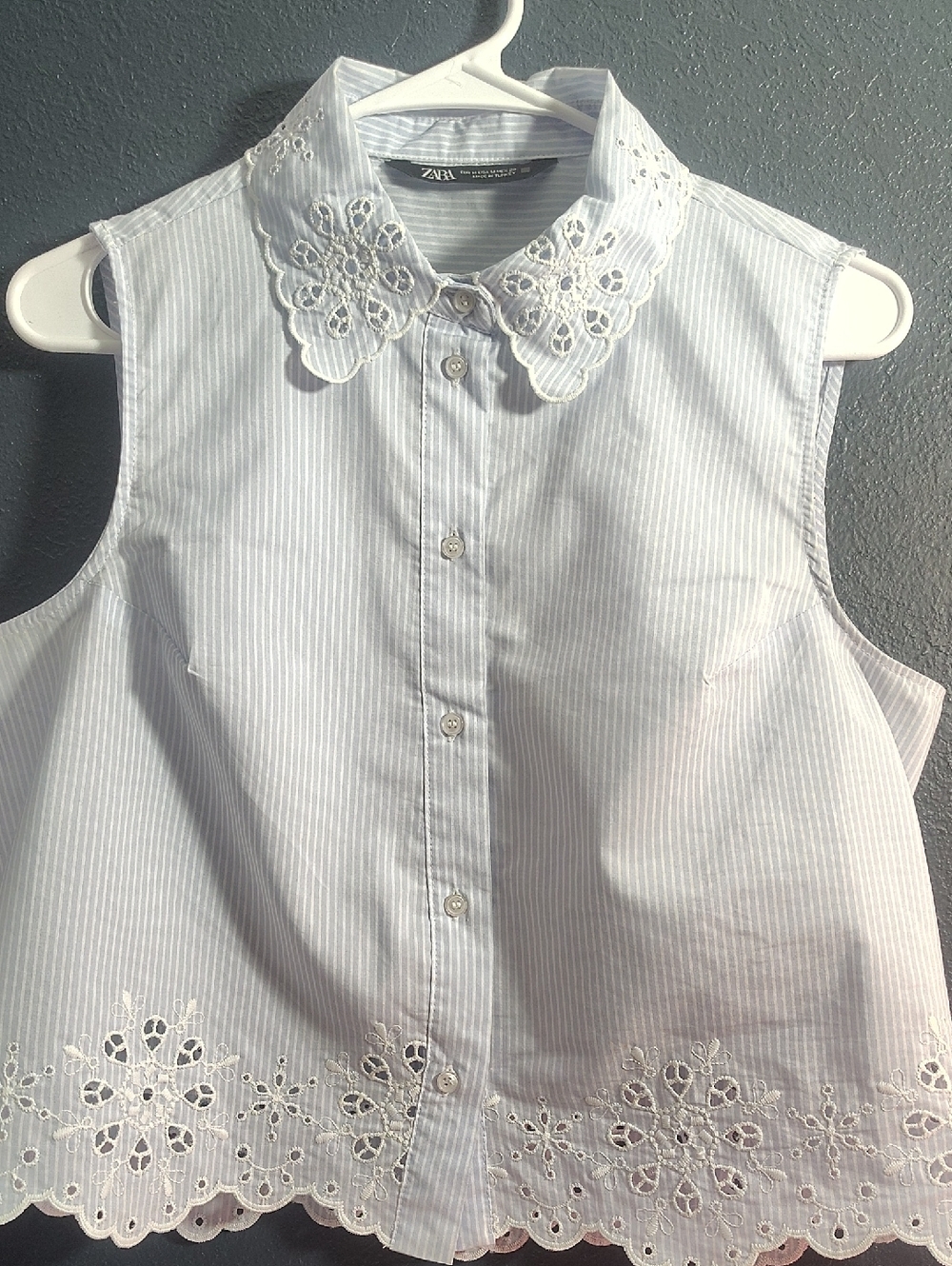 Zara Cottage Core Chic Blue & White Striped Sleeveless Eyelet-Collar Crop Top